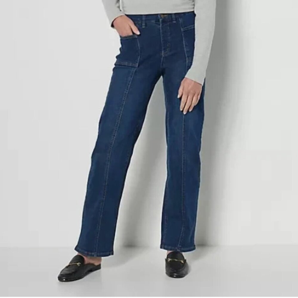 Denim & Co. Easy Stretch Wide Leg Jeans Seam Details-Deep Indigo-Reg 4-A455564